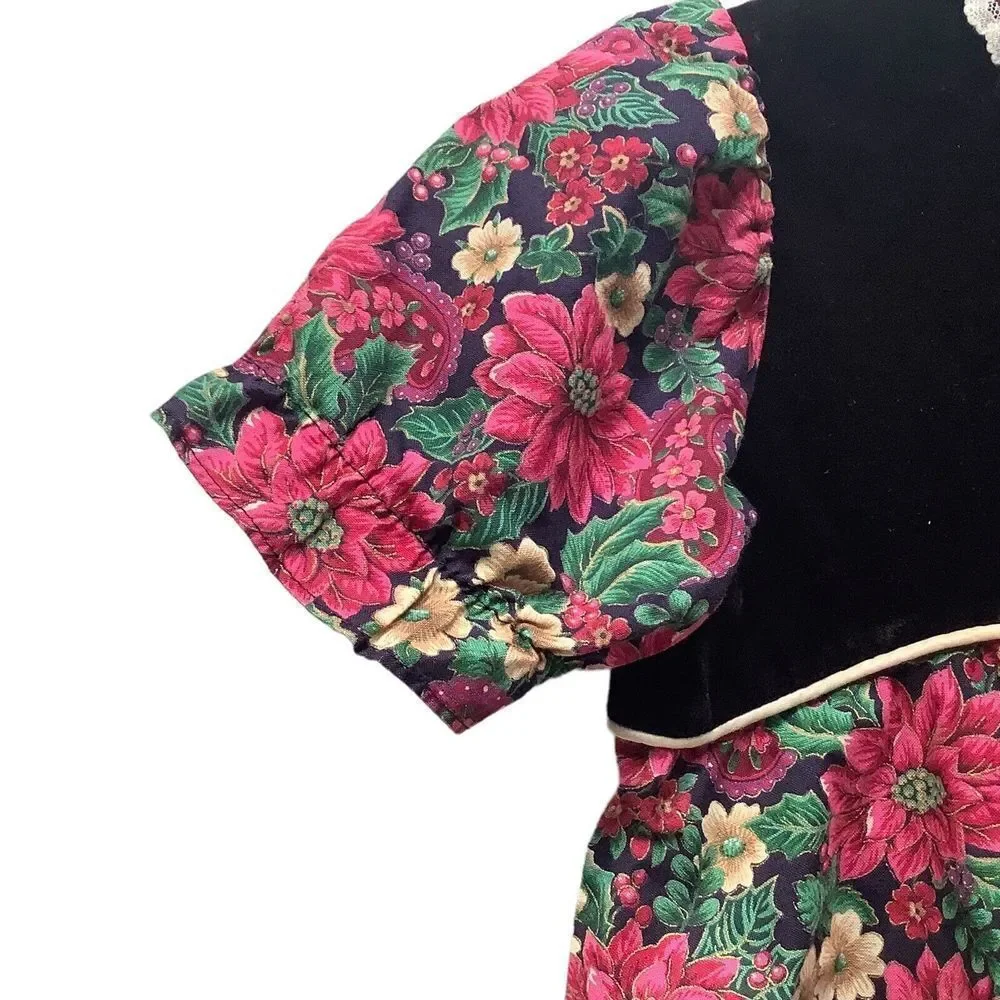 Vtg Roanna‎ Red Christma Dress 6 Lace Collar White Poinsettia Smock Velvet Top